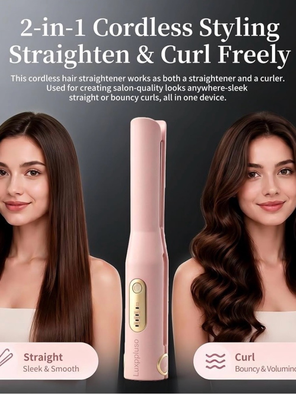 2-in-1 Cordless Pink Hair Straightener & Curler